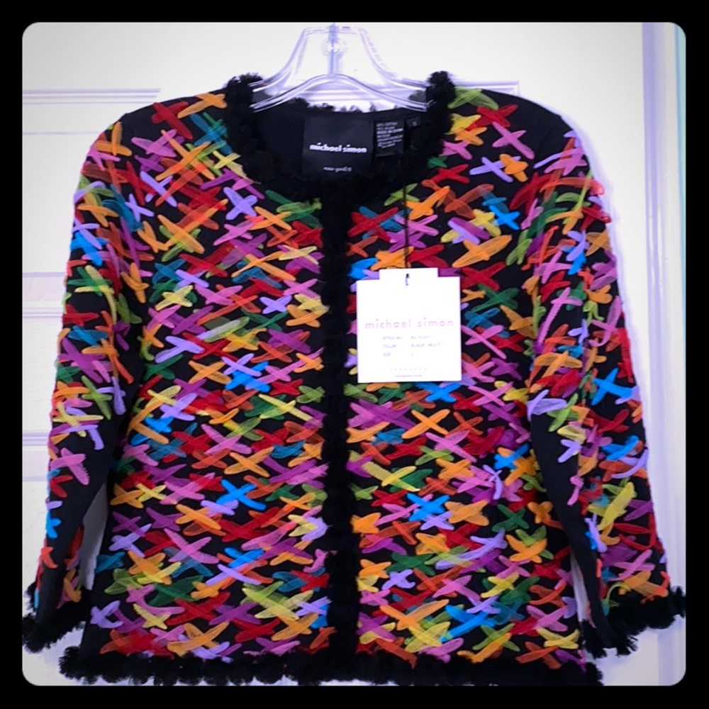 New Michael Simon multicolor embroidered cardigan